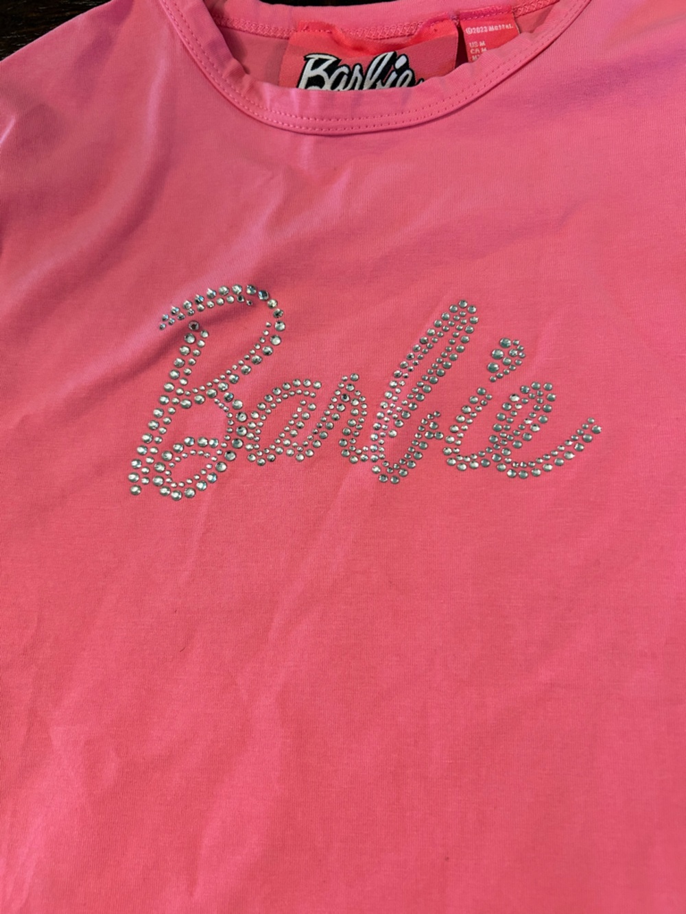 Barbie Hot Pink Rhinestone Script Babydoll Short Sleeve Tee - Picture 2 of 6